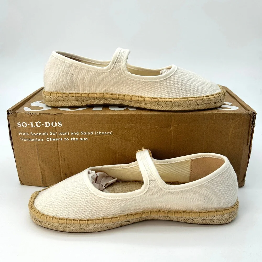 Soludos Mary Jane Espadrilles Womens Size 7-7.5 White Organic Cotton Flats NEW